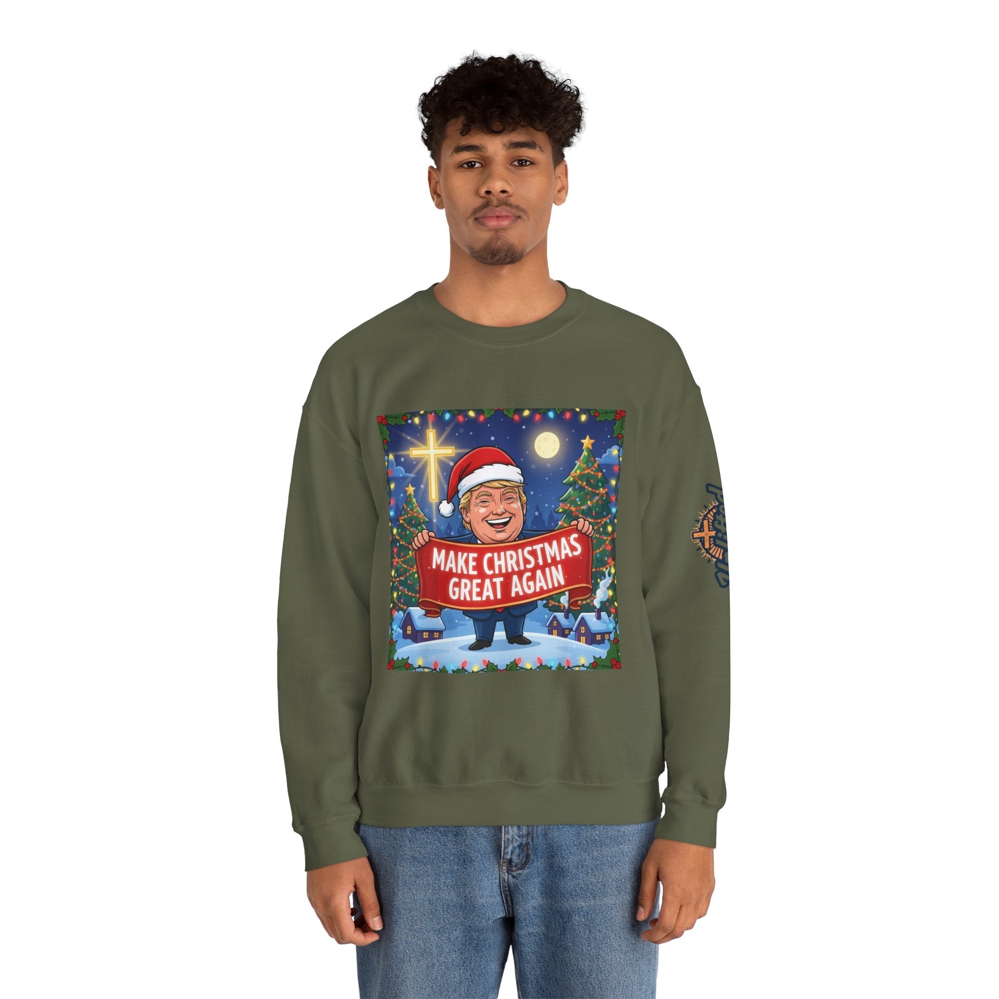 🎄 Make Christmas Great Again – Patriotic Christian Christmas Sweatshirt | Bold Holiday Faith Tee | Red & White Banner Design | Uplifted Gear Printify