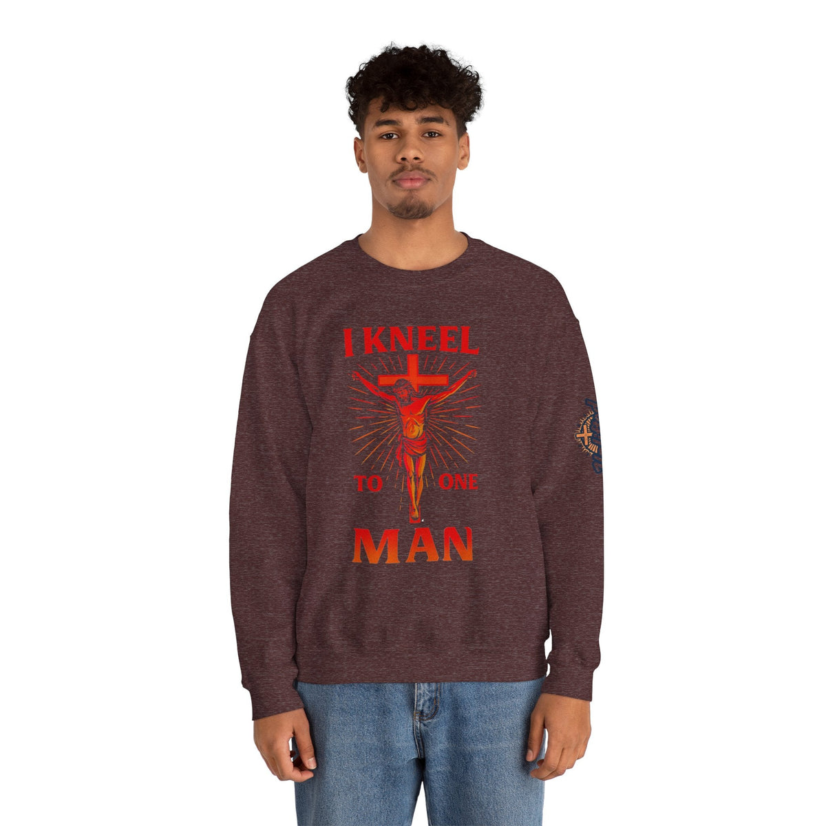 I Kneel to One Man Sweatshirt – Crucifixion Christian Sweatshirt for Unashamed Devotion & Bold Faith Printify