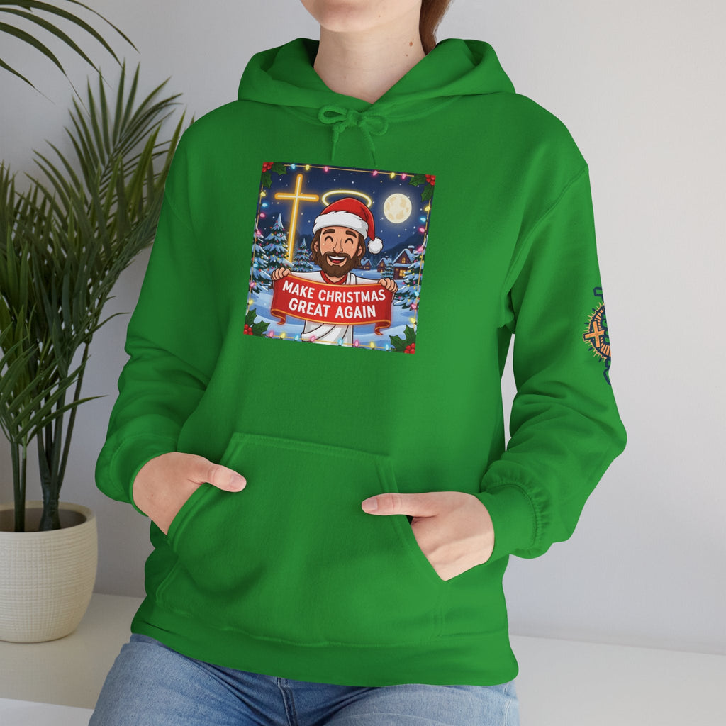 🎄 Make Christmas Great Again – Funny Christian Hoodie | Jesus Holding Banner | Faith-Based Holiday Parody Tee | Uplifted Gear Printify