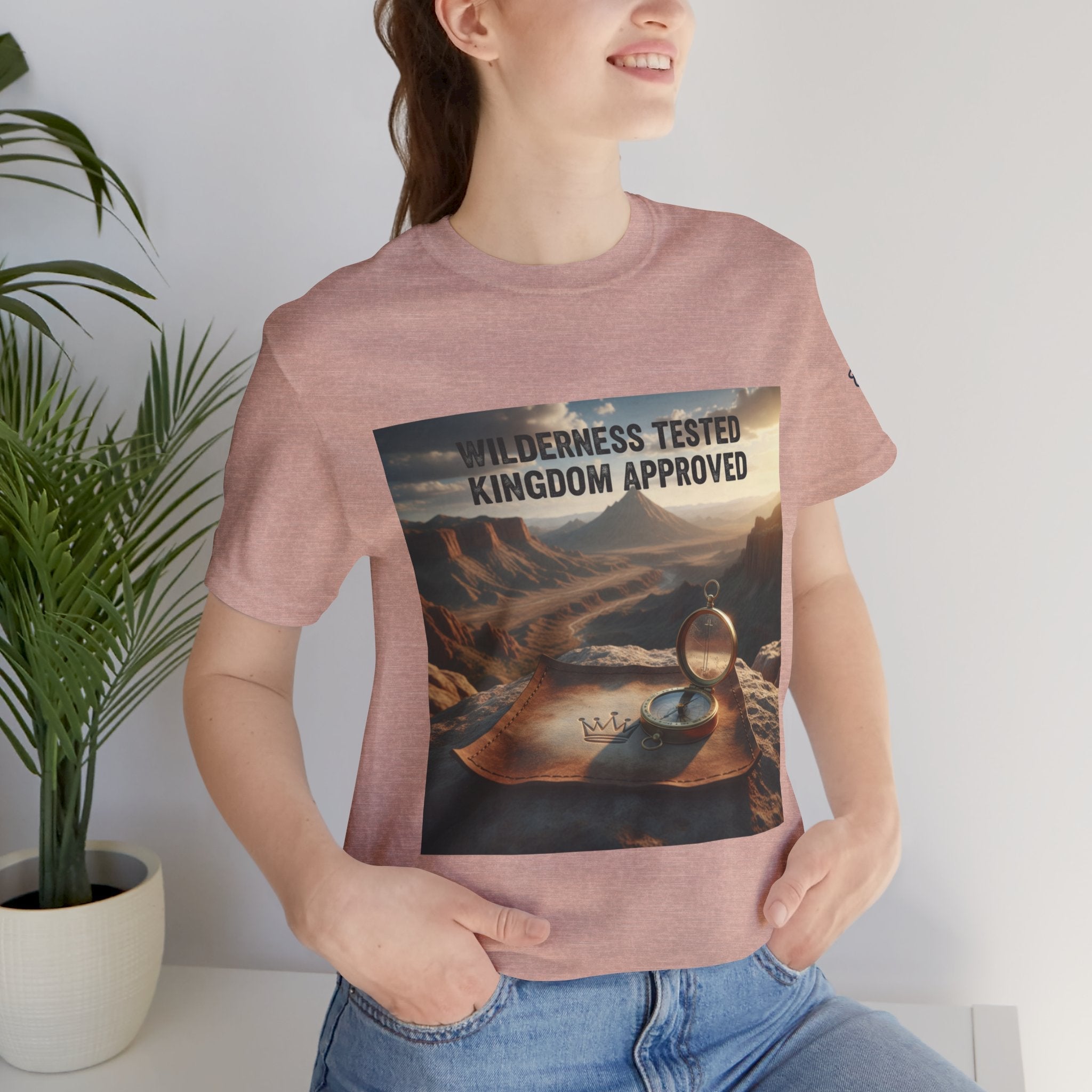 Wilderness Tested Kingdom Approved T-shirt – Mountain Desert Compass Crown Christian T-shirt for Biblical Adventure Faith Printify
