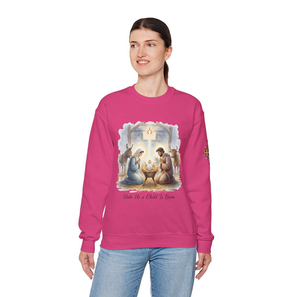 Unto Us a Child is Born Sweatshirt – Isaiah 9:6 Nativity Manger Scene Christian Christmas Sweatshirt for Holy Night Faith Printify