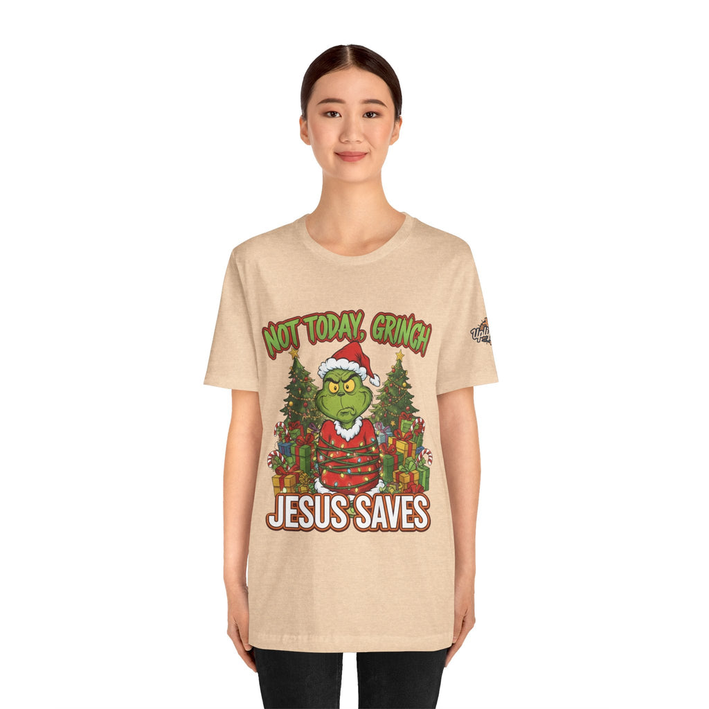 🎄 Not Today, Grinch – Jesus Saves | Funny Christian Christmas T-Shirt | Sulking Grinch & Glowing Cross | Bold Neon Faith Tee by Uplifted Gear Printify