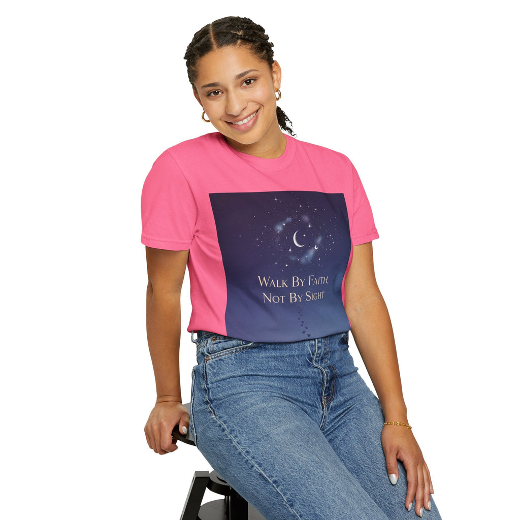 Walk by Faith, Not by Sight T-Shirt – Footprints in the Sand Christian Moonlit Tee Printify