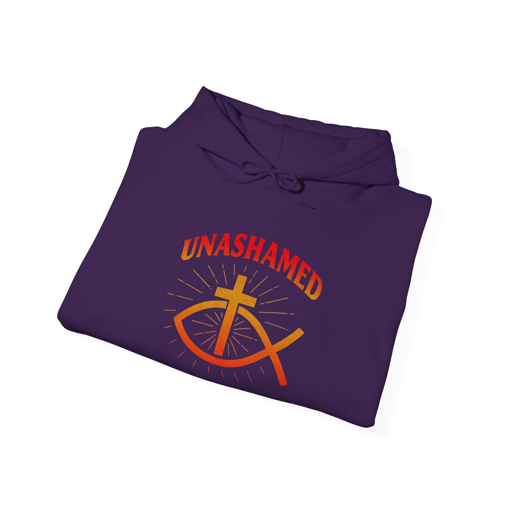 Unashamed Hoodie – Ichthys Jesus Fish & Cross Christian Sweatshirt for Romans 1:16 Bold Faith Printify