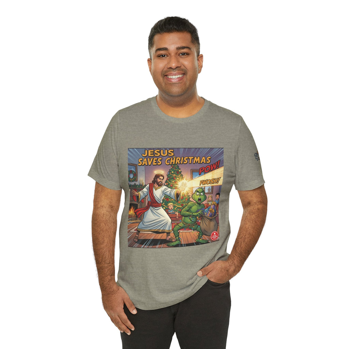 Jesus Saves Christmas T-shirt – Grinch vs Savior Light Battle Christian T-shirt for Hilarious Holiday Faith & True Joy Printify