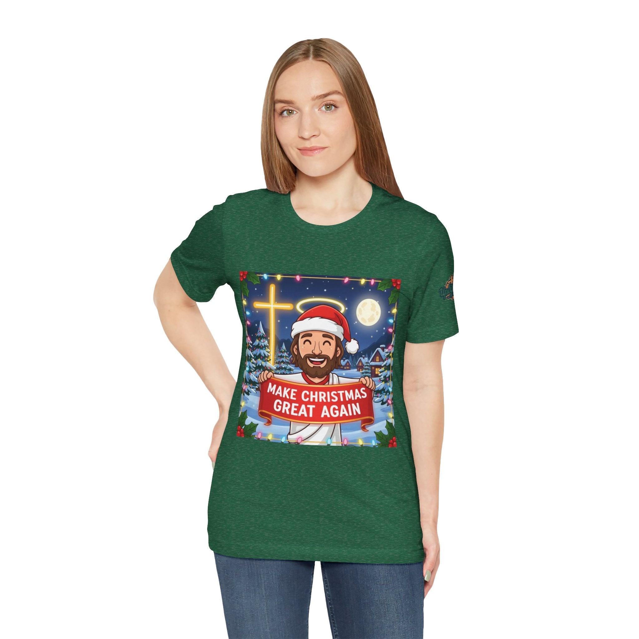 🎄 Make Christmas Great Again – Funny Christian T-Shirt | Jesus Holding Banner | Faith-Based Holiday Parody Tee | Uplifted Gear Printify