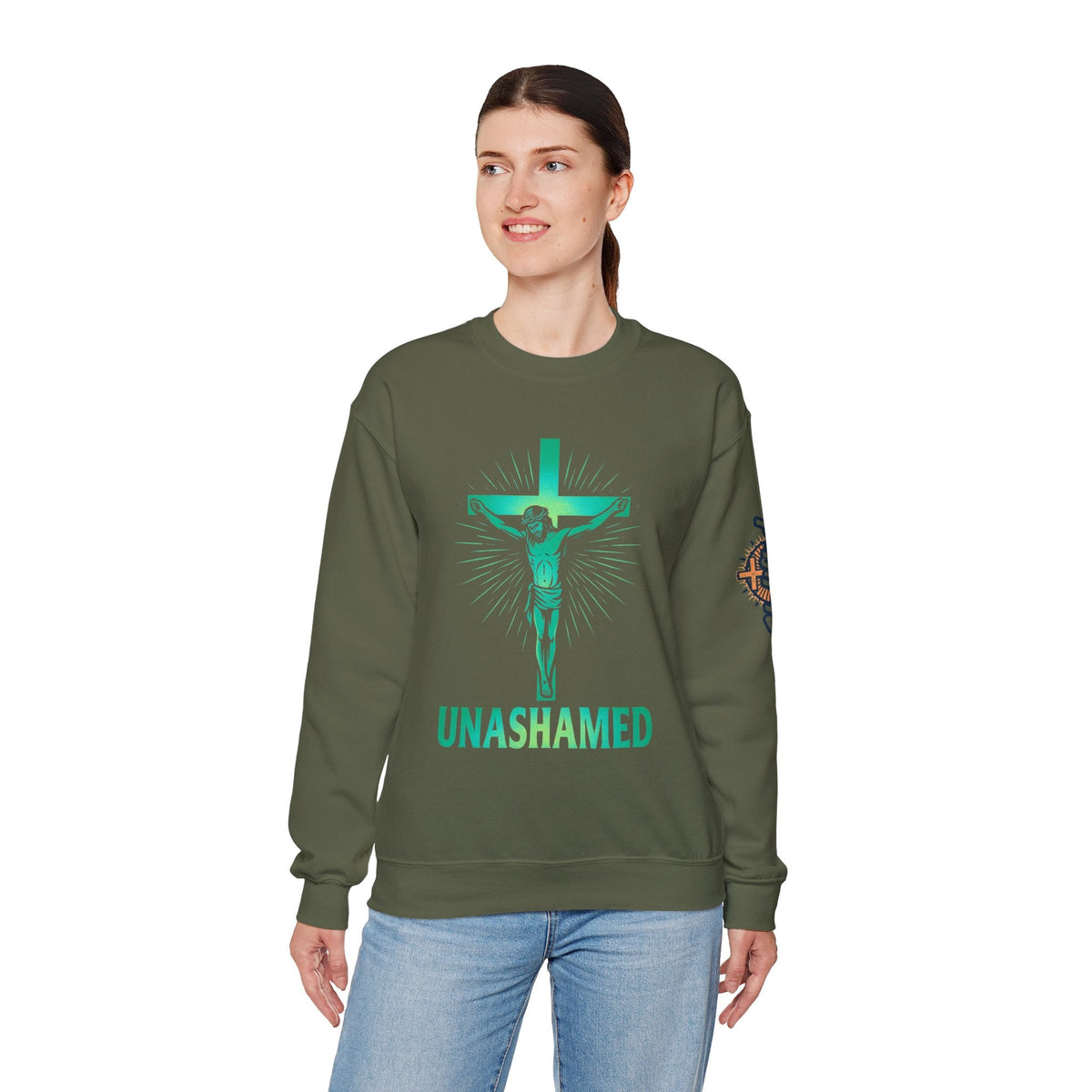 Unashamed Sweatshirt – Romans 1:16 Crucifixion Christian Sweatshirt for Bold Unwavering Faith Printify