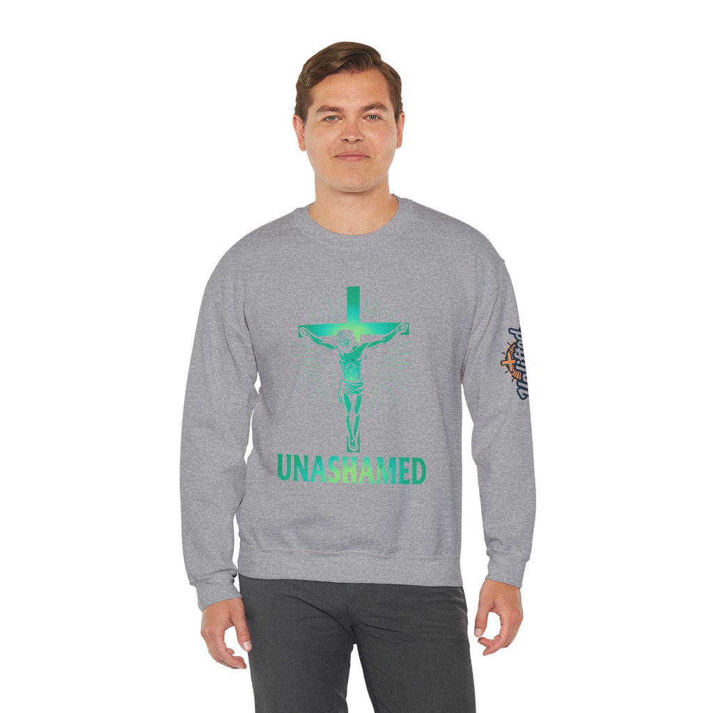 Unashamed Sweatshirt – Romans 1:16 Crucifixion Christian Sweatshirt for Bold Unwavering Faith Printify