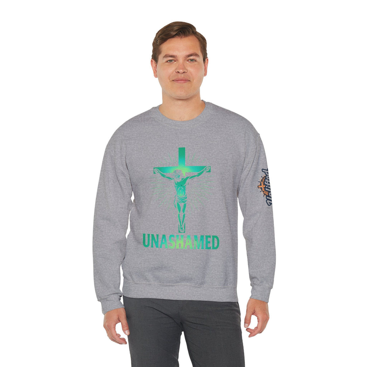 Unashamed Sweatshirt – Romans 1:16 Crucifixion Christian Sweatshirt for Bold Unwavering Faith Printify