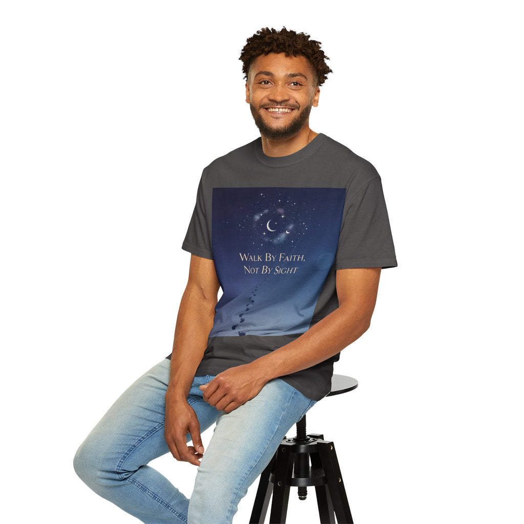 Walk by Faith, Not by Sight T-Shirt – Footprints in the Sand Christian Moonlit Tee Printify