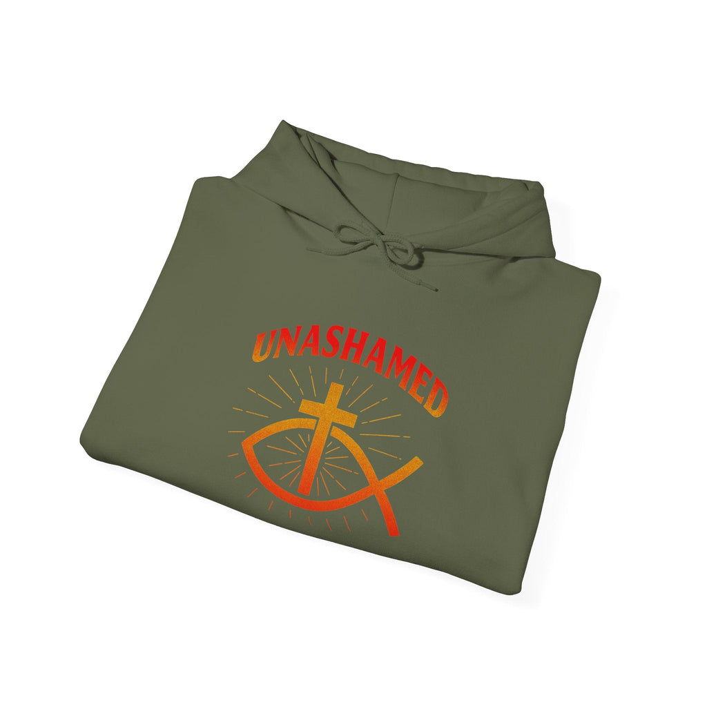 Unashamed Hoodie – Ichthys Jesus Fish & Cross Christian Sweatshirt for Romans 1:16 Bold Faith Printify