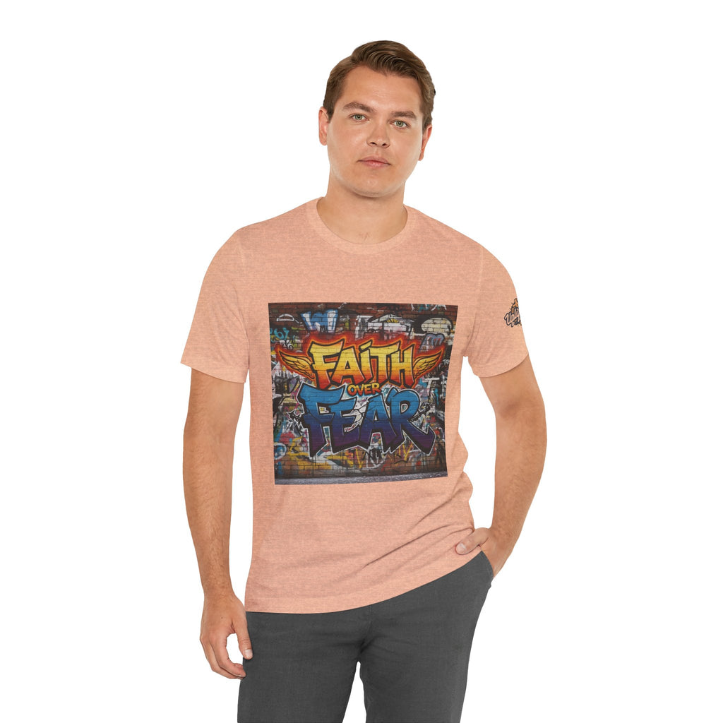 Faith Over Fear T-shirt – Graffiti Wall Christian T-shirt for Bold 2 Corinthians 5:7 Streetwear & Unshakable Faith Printify