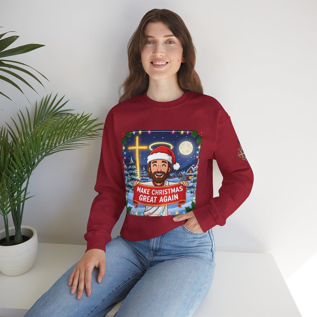 🎄 Make Christmas Great Again – Funny Christian Sweatshirt | Jesus Holding Banner | Faith-Based Holiday Parody Tee | Uplifted Gear Printify