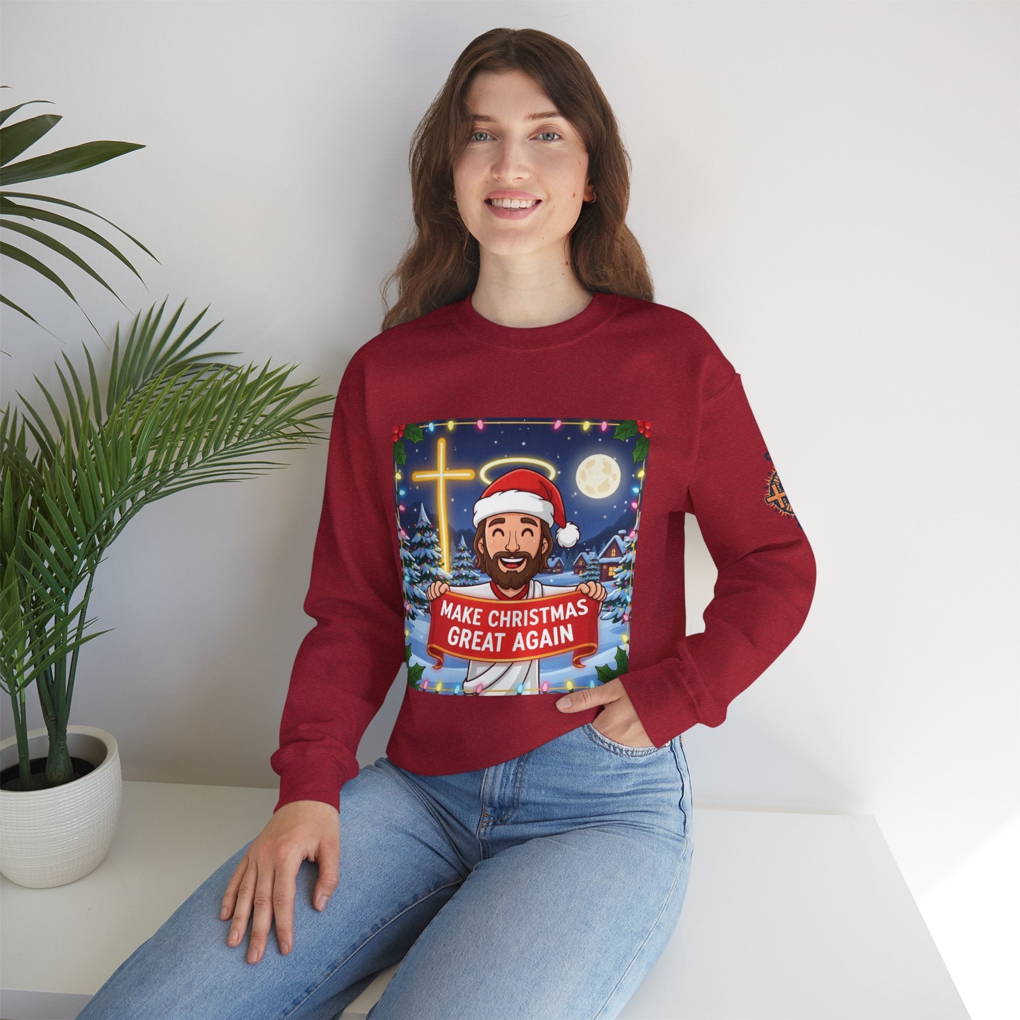🎄 Make Christmas Great Again – Funny Christian Sweatshirt | Jesus Holding Banner | Faith-Based Holiday Parody Tee | Uplifted Gear Printify