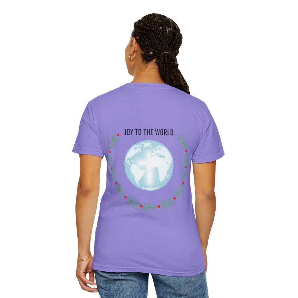 Joy to the World T-shirt – Wreath Earth Nativity Christian Christmas T-shirt for Isaiah 9:6 Holiday Faith & Festive Joy Printify