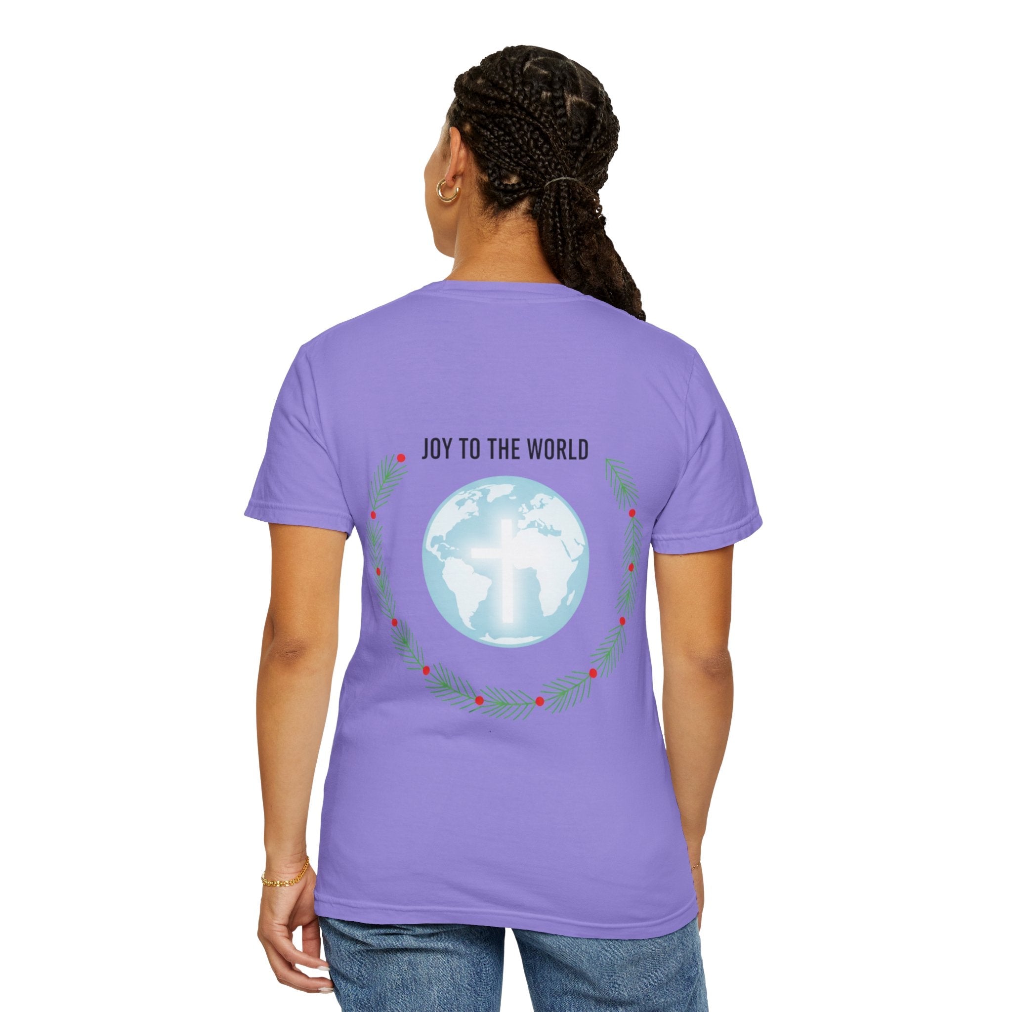 Joy to the World T-shirt – Wreath Earth Nativity Christian Christmas T-shirt for Isaiah 9:6 Holiday Faith & Festive Joy Printify