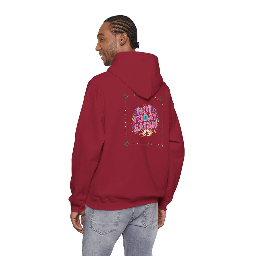 🔥 Not Today, Satan – Retro 90s Christian Hoodie | Neon Faith Tee | Funky Cartoon Devil | Bold Bible Verse Shirt | Uplifted Gear Printify