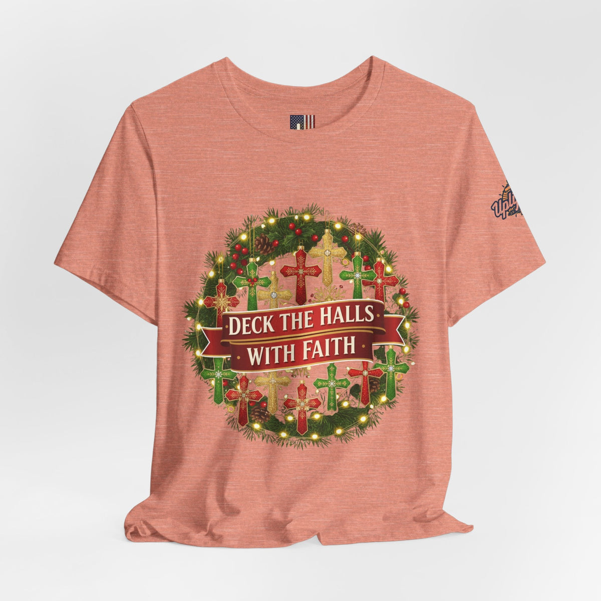 🎄 Deck the Halls with Faith – Christian Christmas T-Shirt | Cross Ornament Design & Festive Garland | Bold Holiday Faith Tee by Uplifted Gear Printify