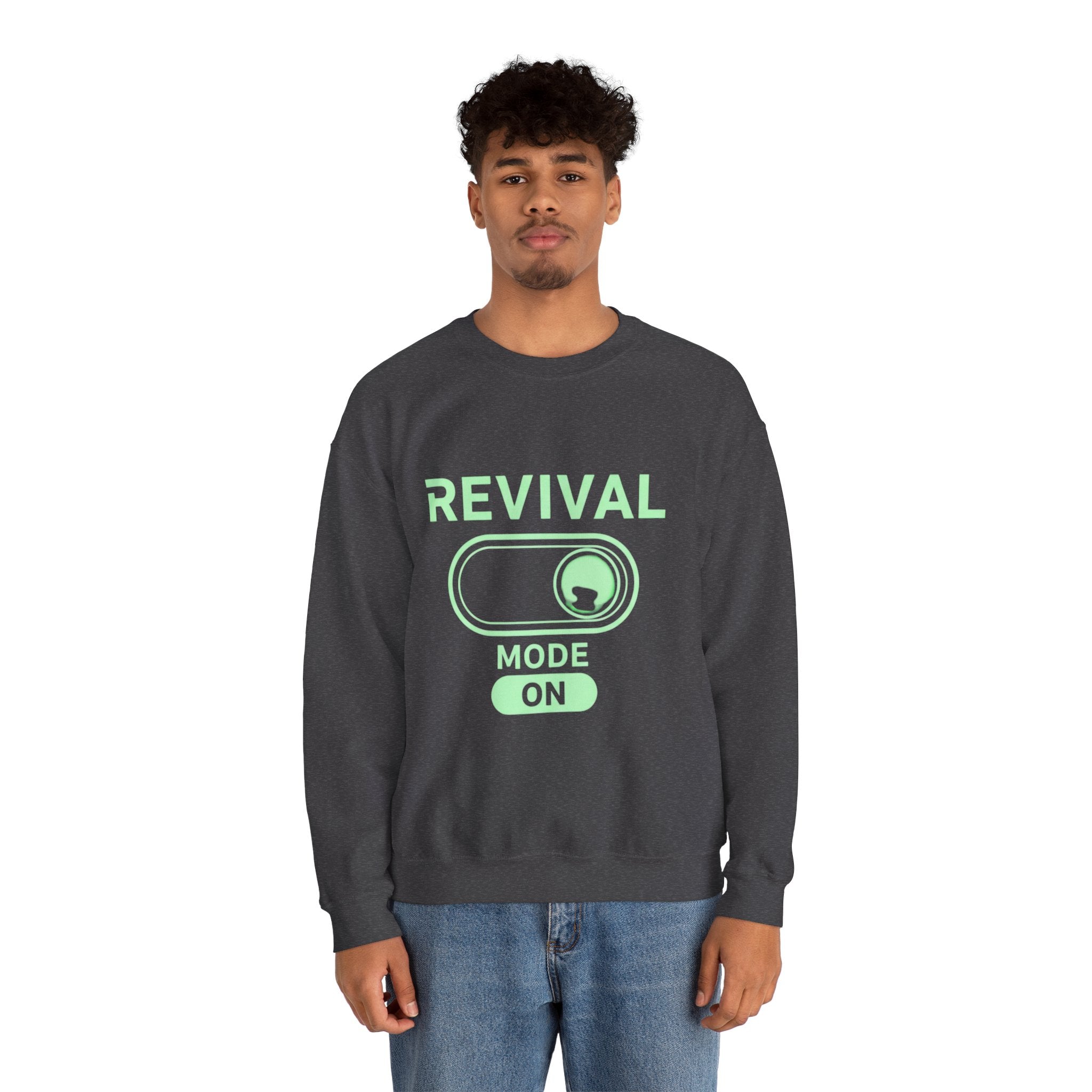 🔥 Revival Mode: ON – Christian Techwear Sweatshirt | Glowing Green Faith Switch | Futuristic Jesus Shirt | Activate Your Spiritual Awakening | Uplifted Gear Printify