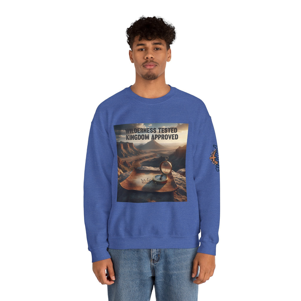 Wilderness Tested Kingdom Approved Sweatshirt – Mountain Desert Compass Crown Christian Sweatshirt for Biblical Adventure Faith Printify