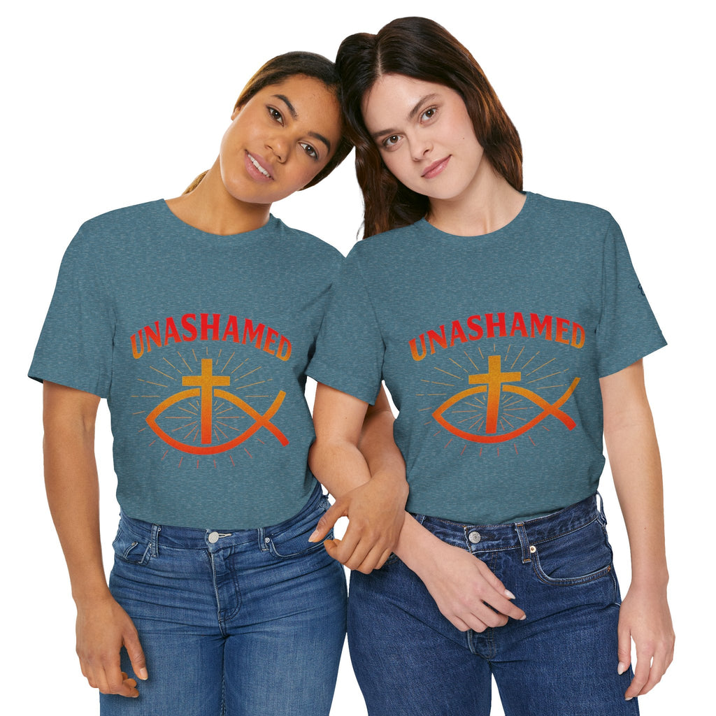 Unashamed T-shirt – Ichthys Jesus Fish & Cross Christian T-shirt for Romans 1:16 Bold Faith Printify