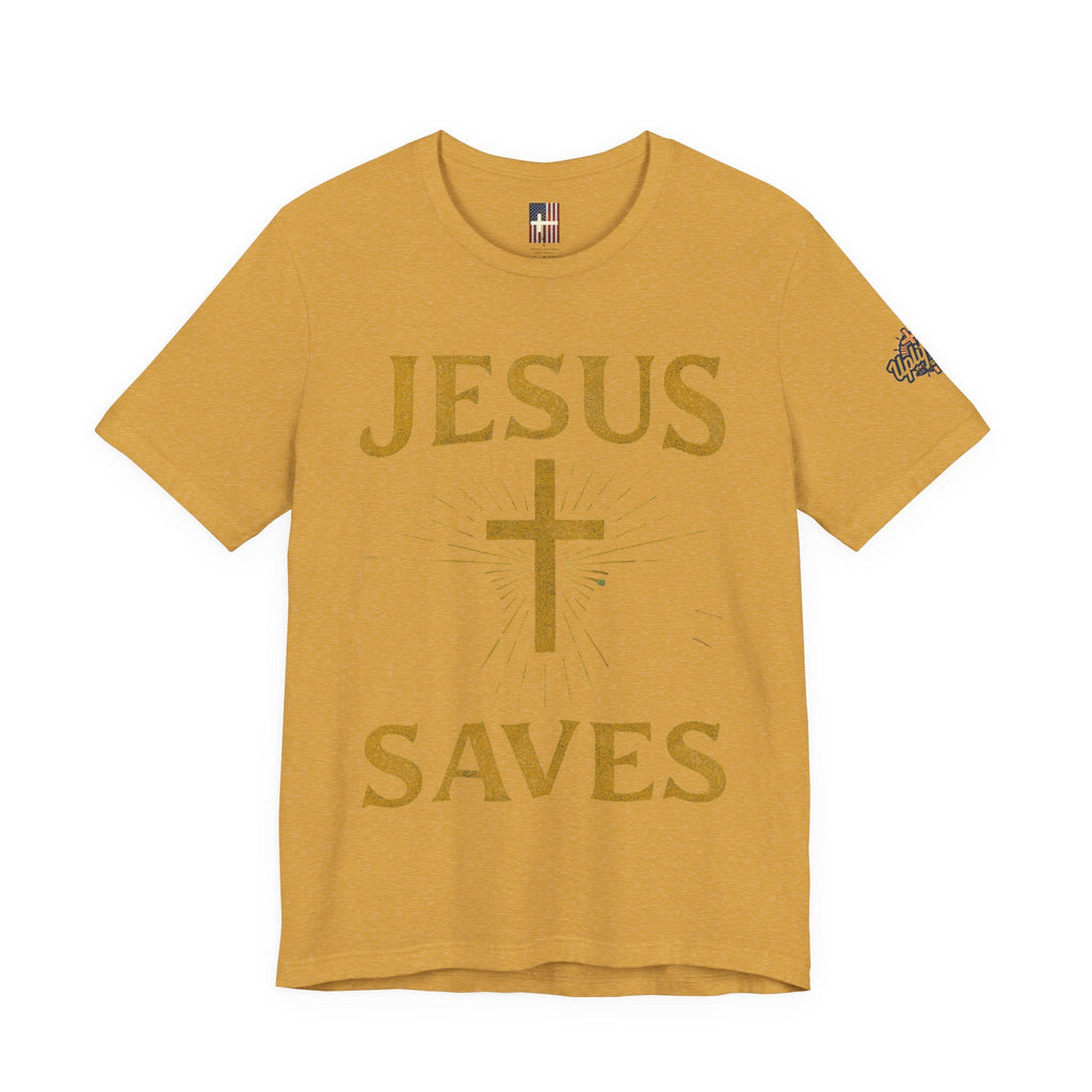 Jesus Saves T-shirt – Radiant Cross & Rays of Light Christian T-shirt for Eternal Hope & Faith Printify