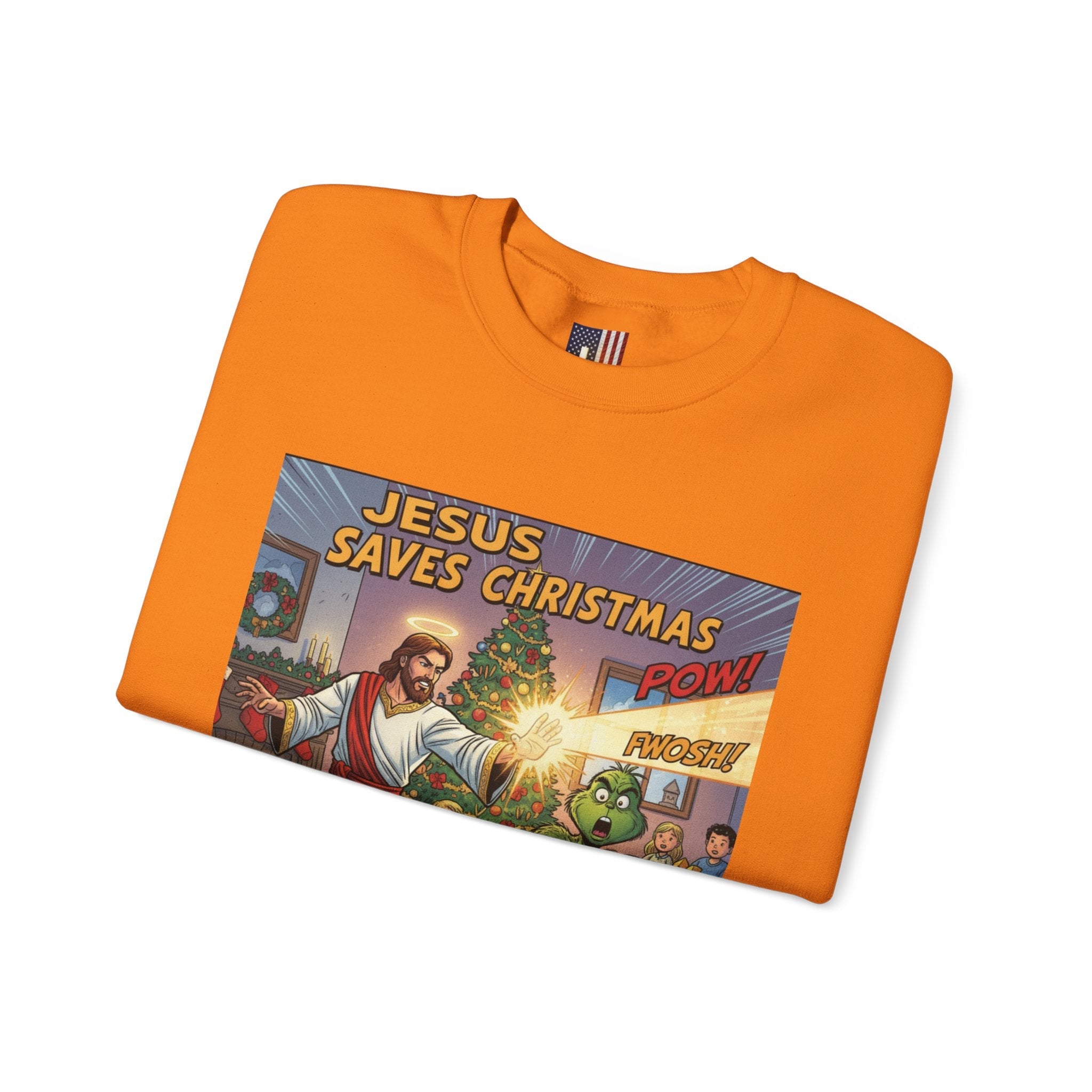 Jesus Saves Christmas Sweatshirt – Grinch vs Savior Light Battle Christian Sweatshirt for Hilarious Holiday Faith & True Joy Printify