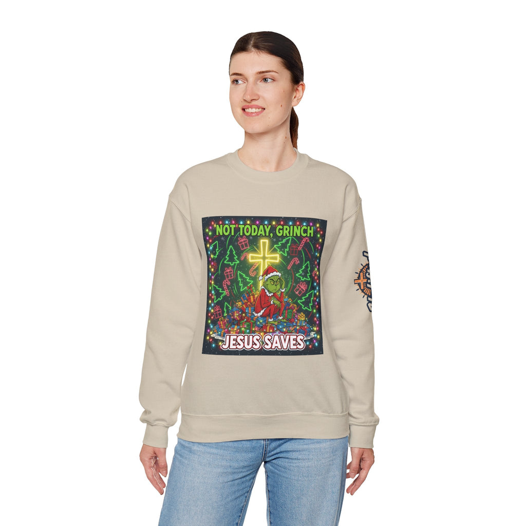 🎄 Not Today, Grinch – Jesus Saves | Funny Christian Christmas Sweatshirt | Festive Green & Red Cartoon Style | Bold Faith Holiday Tee by Uplifted Gear Printify