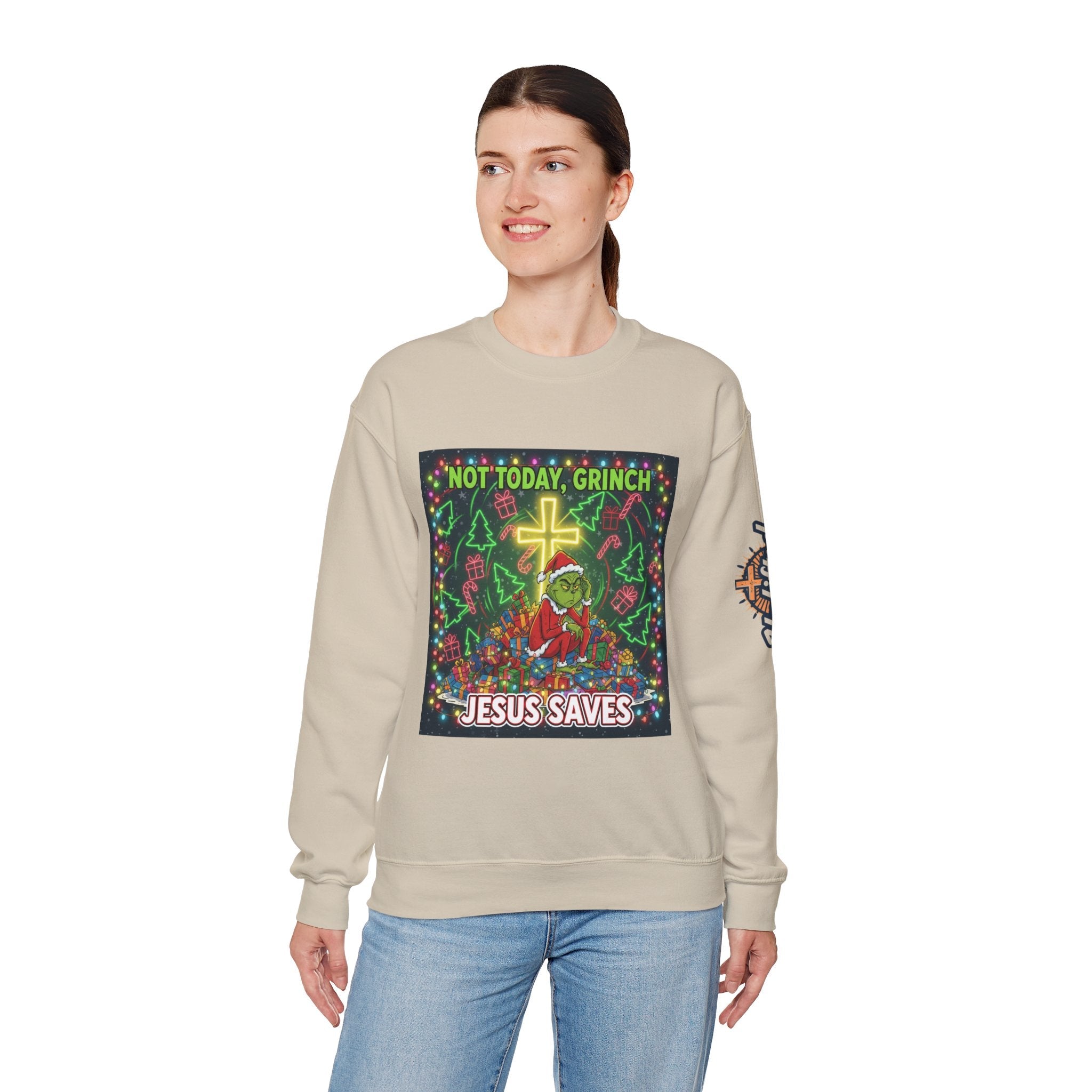 🎄 Not Today, Grinch – Jesus Saves | Funny Christian Christmas Sweatshirt | Festive Green & Red Cartoon Style | Bold Faith Holiday Tee by Uplifted Gear Printify