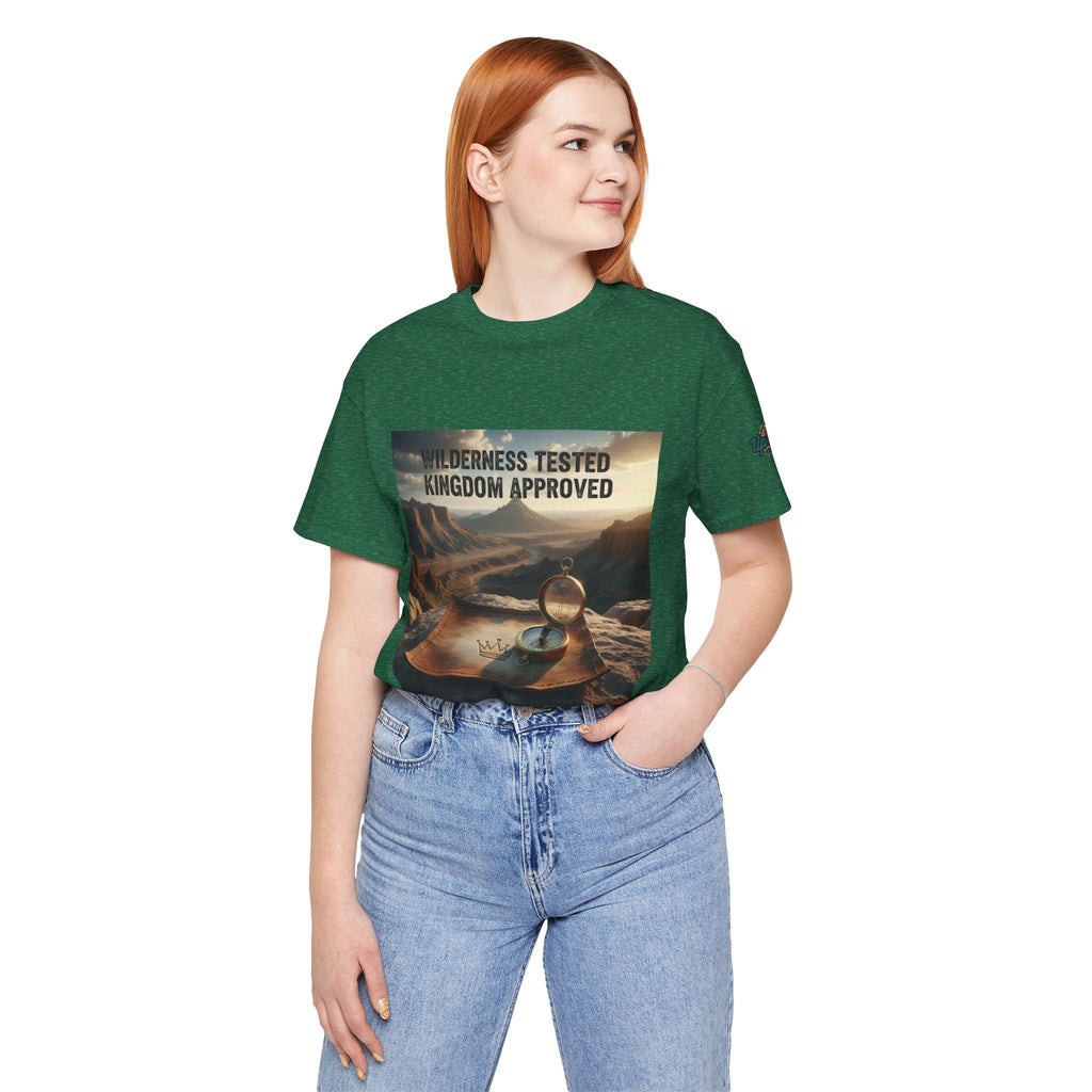 Wilderness Tested Kingdom Approved T-shirt – Mountain Desert Compass Crown Christian T-shirt for Biblical Adventure Faith Printify