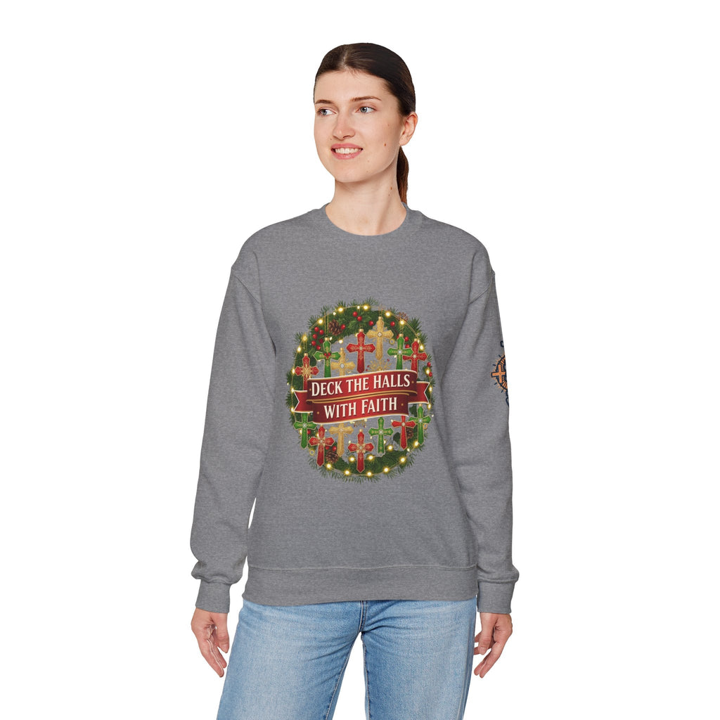 🎄 Deck the Halls with Faith – Christian Christmas Sweatshirt | Cross Ornament Design & Festive Garland | Bold Holiday Faith Tee by Uplifted Gear Printify