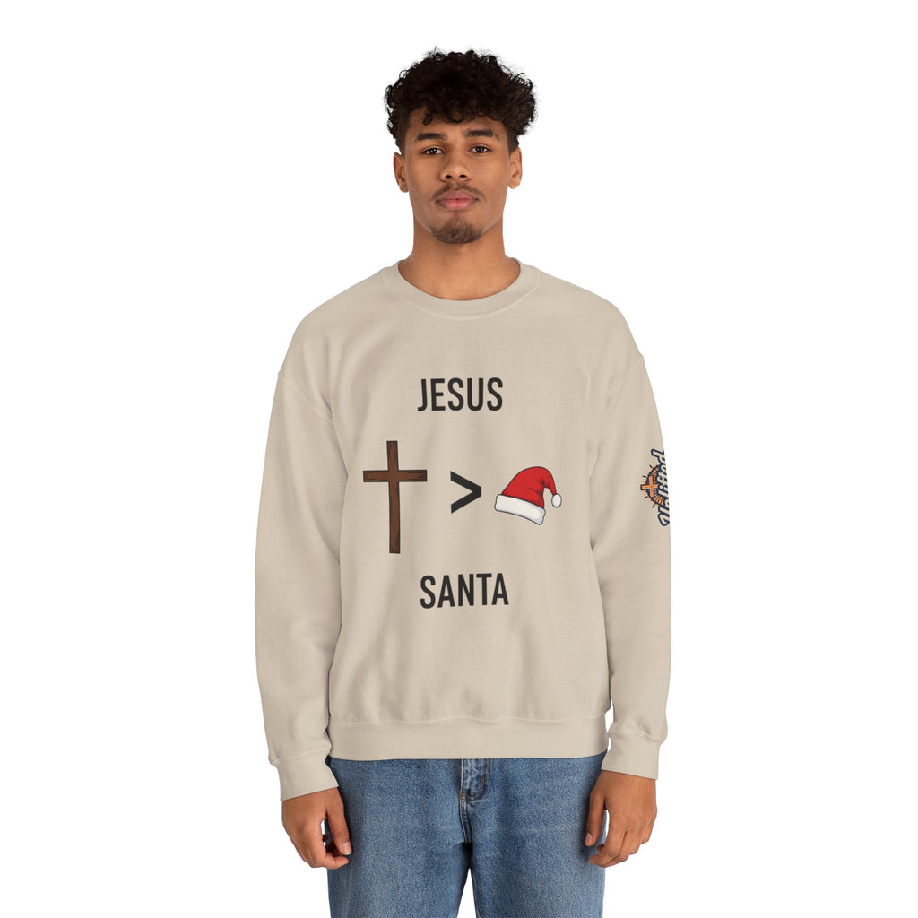 🎄 Jesus > Santa – Minimalist Christian Christmas Sweatshirt | Bold Faith Over Holiday Tee | Cross vs Santa Hat Design | Uplifted Gear Printify