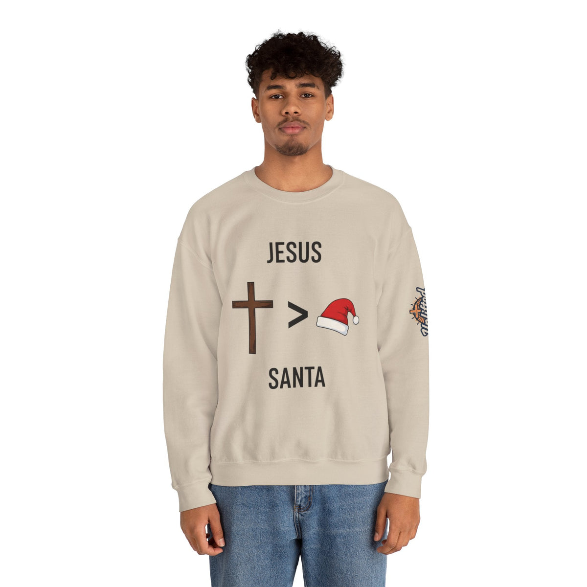 🎄 Jesus > Santa – Minimalist Christian Christmas Sweatshirt | Bold Faith Over Holiday Tee | Cross vs Santa Hat Design | Uplifted Gear Printify