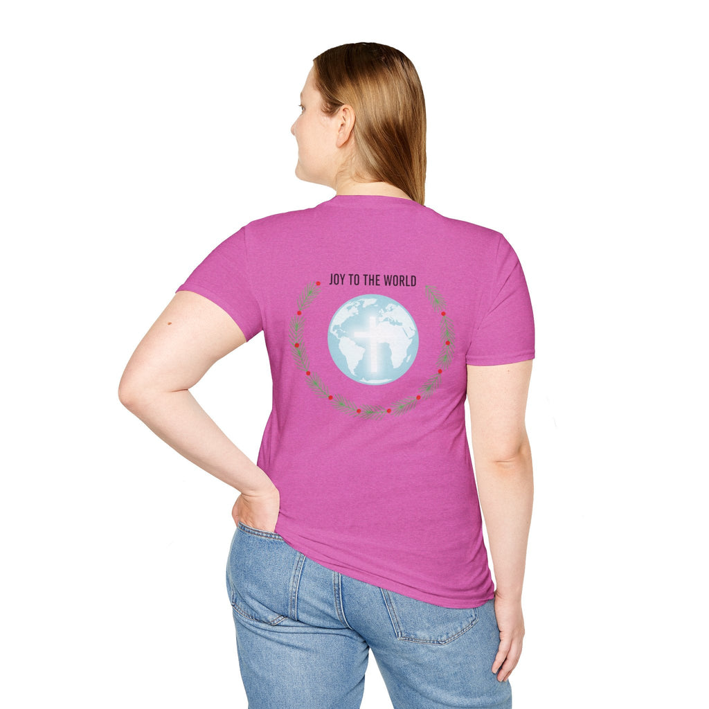 Joy to the World T-shirt – Wreath Earth Nativity Christian Christmas T-shirt for Isaiah 9:6 Holiday Faith & Festive Joy Printify