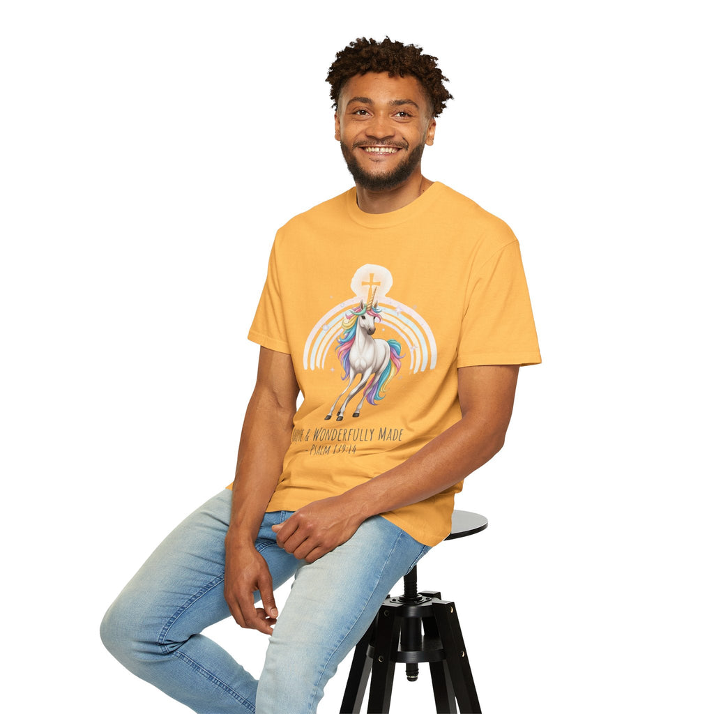 Unique Unicorn Christian T-Shirt – Wonderfully Made with Rainbow Cross & Psalm 139:14 Printify