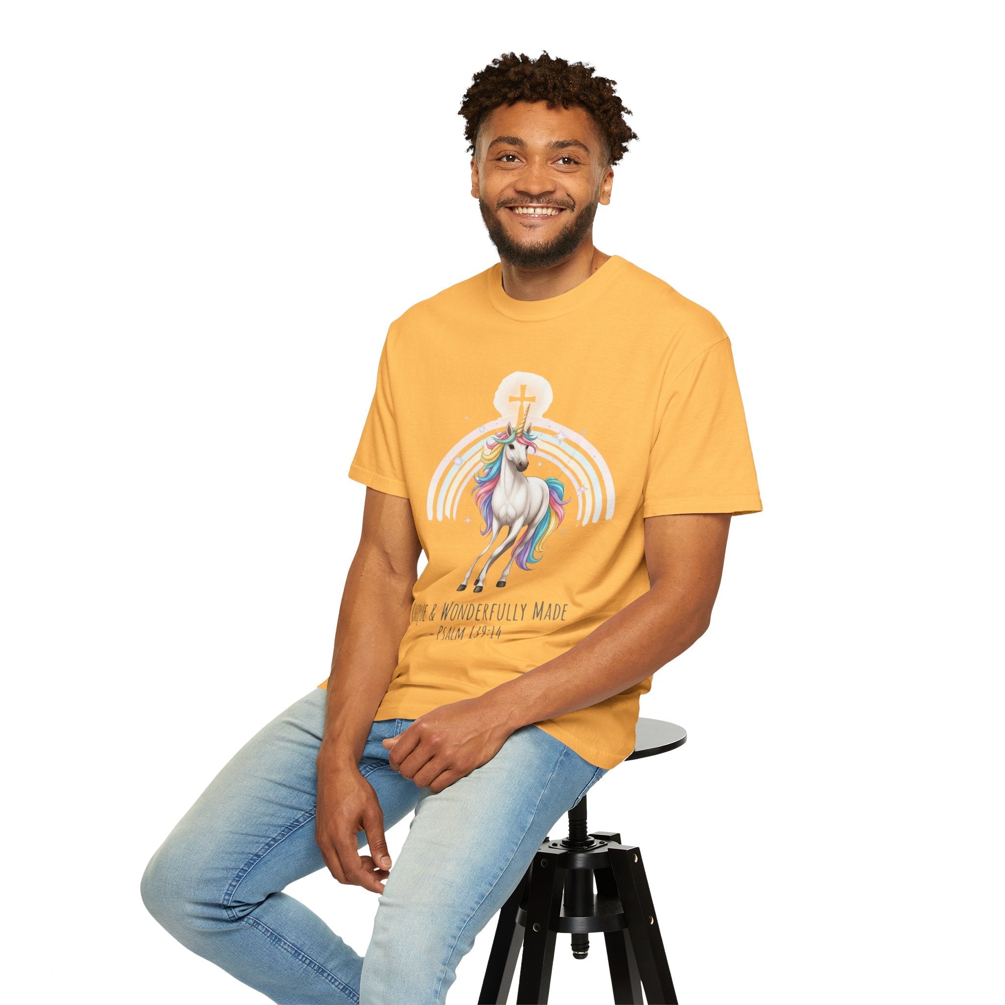 Unique Unicorn Christian T-Shirt – Wonderfully Made with Rainbow Cross & Psalm 139:14 Printify