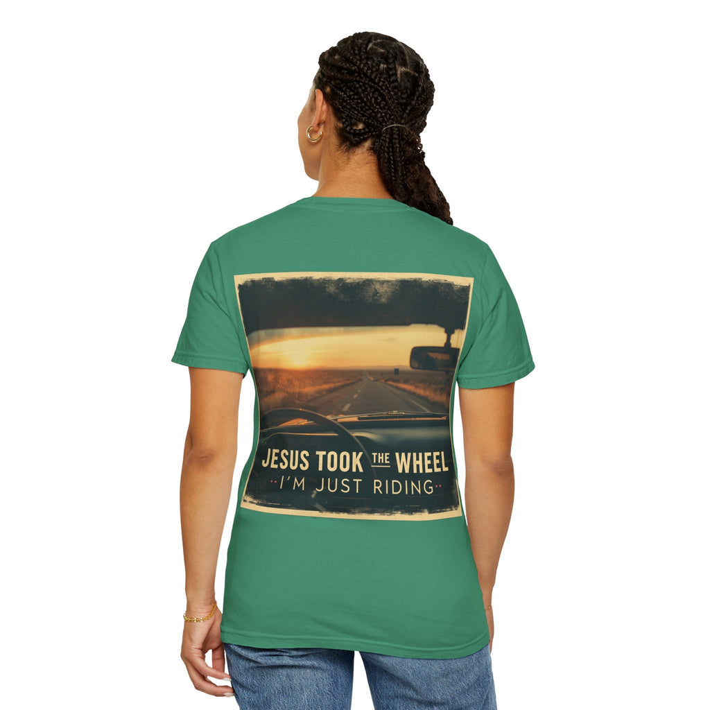 Jesus Took the Wheel I'm Just Riding T-shirt – Funny Christian Convertible Car T-shirt for Surrendered Faith & Humor Printify
