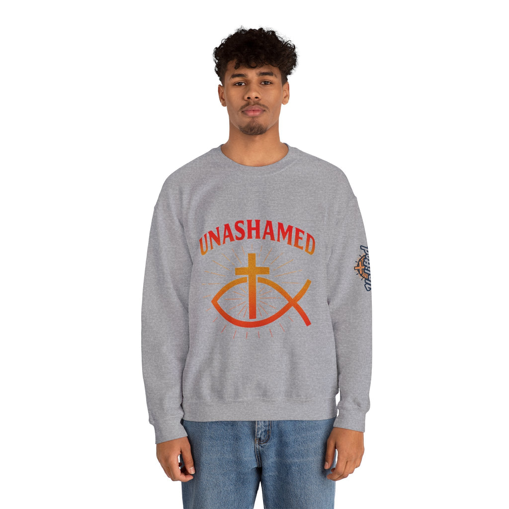 Unashamed Sweatshirt – Ichthys Jesus Fish & Cross Christian Sweatshirt for Romans 1:16 Bold Faith Printify