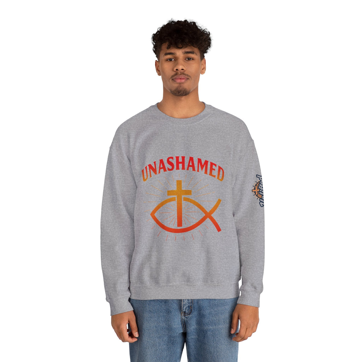 Unashamed Sweatshirt – Ichthys Jesus Fish & Cross Christian Sweatshirt for Romans 1:16 Bold Faith Printify