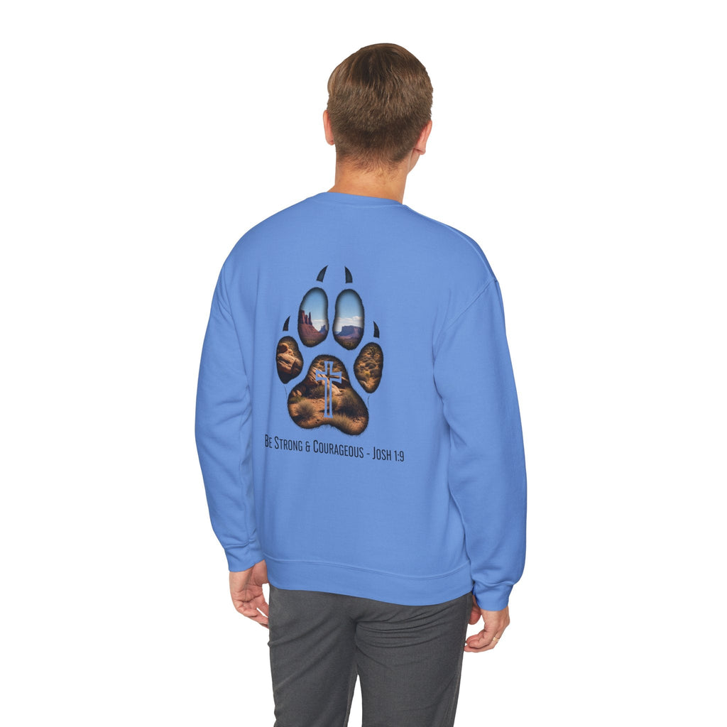 Strong and Courageous Sweatshirt – Joshua 1:9 Canine Pawprint Desert Christian Sweatshirt for Dog Lovers Printify