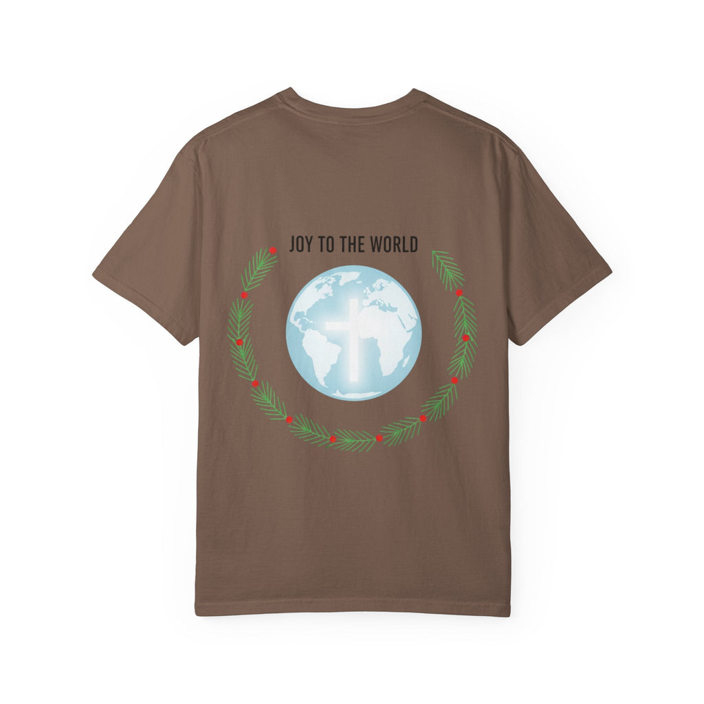 Joy to the World T-shirt – Wreath Earth Nativity Christian Christmas T-shirt for Isaiah 9:6 Holiday Faith & Festive Joy Printify