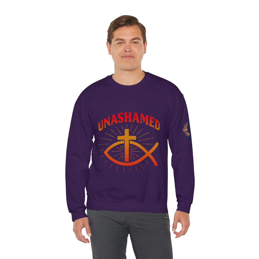 Unashamed Sweatshirt – Ichthys Jesus Fish & Cross Christian Sweatshirt for Romans 1:16 Bold Faith Printify