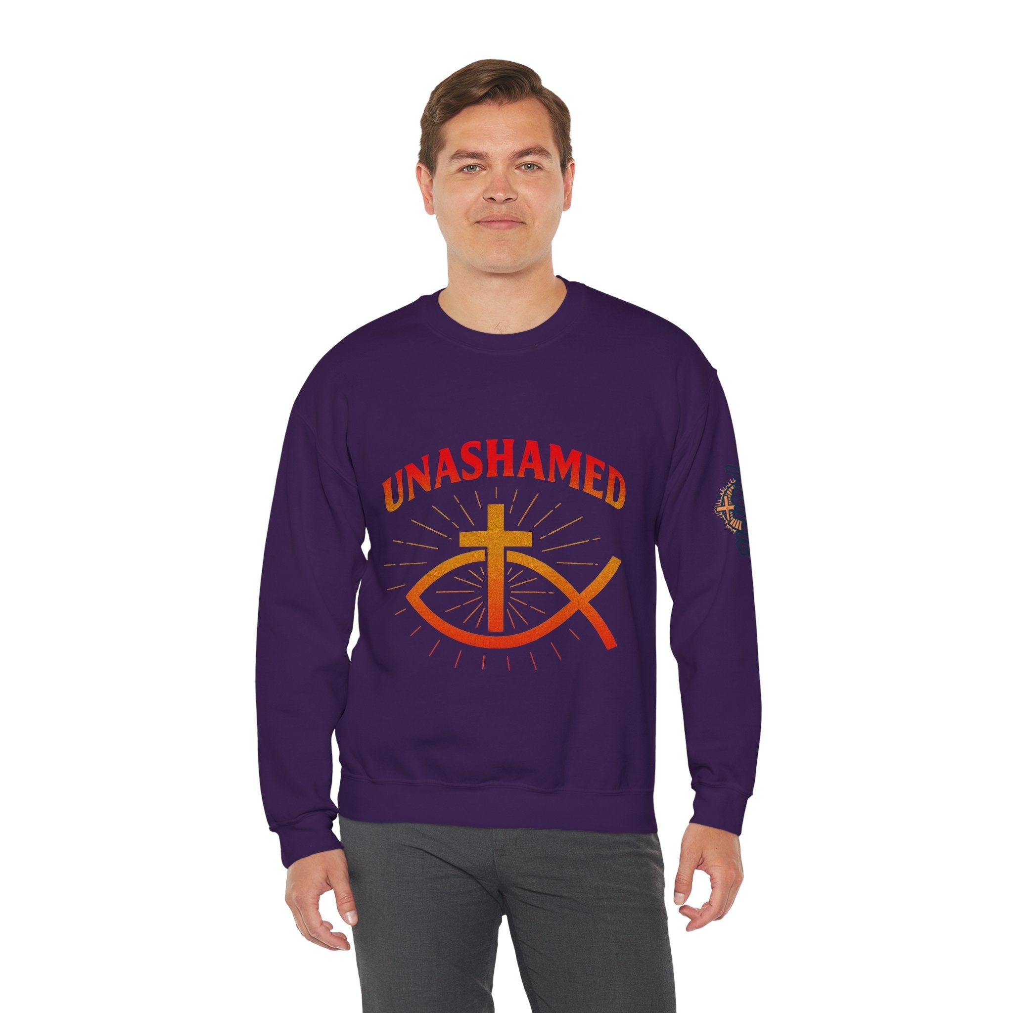 Unashamed Sweatshirt – Ichthys Jesus Fish & Cross Christian Sweatshirt for Romans 1:16 Bold Faith Printify