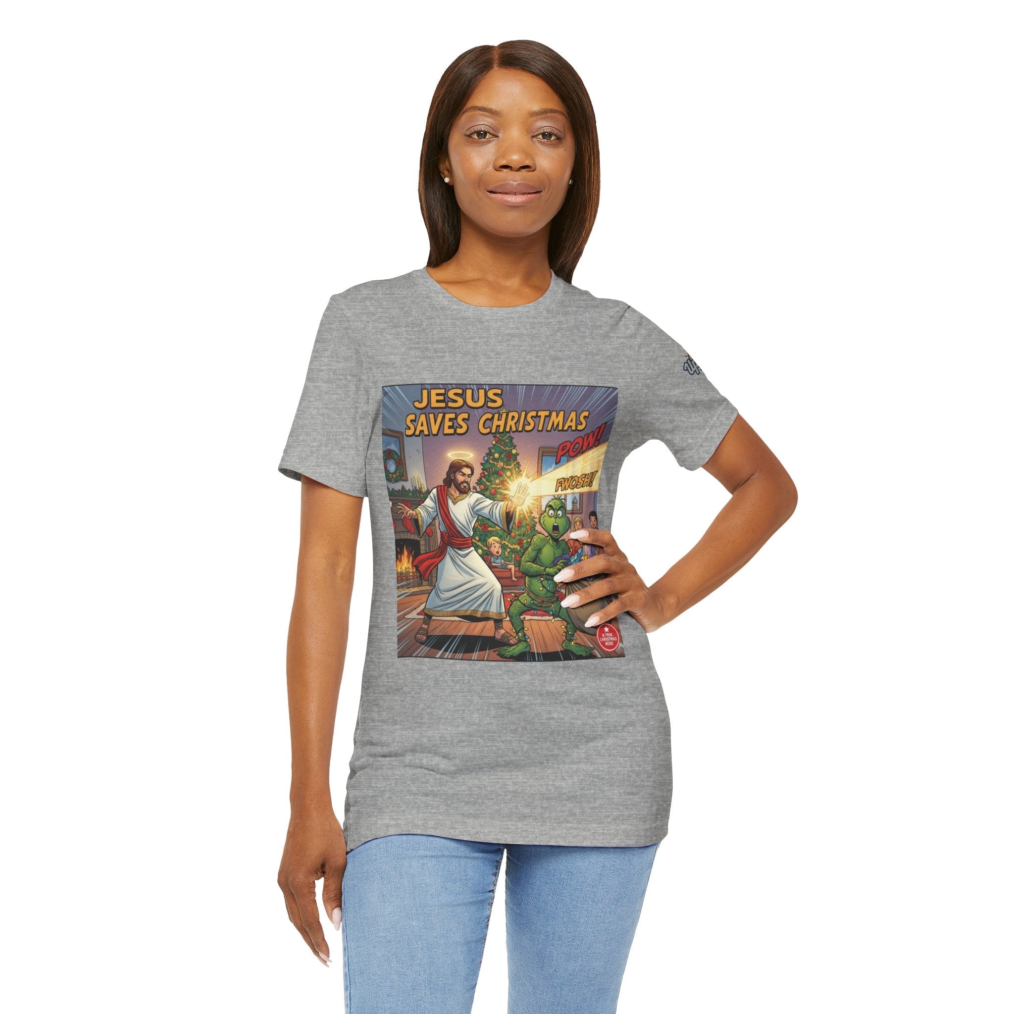 Jesus Saves Christmas T-shirt – Grinch vs Savior Light Battle Christian T-shirt for Hilarious Holiday Faith & True Joy Printify