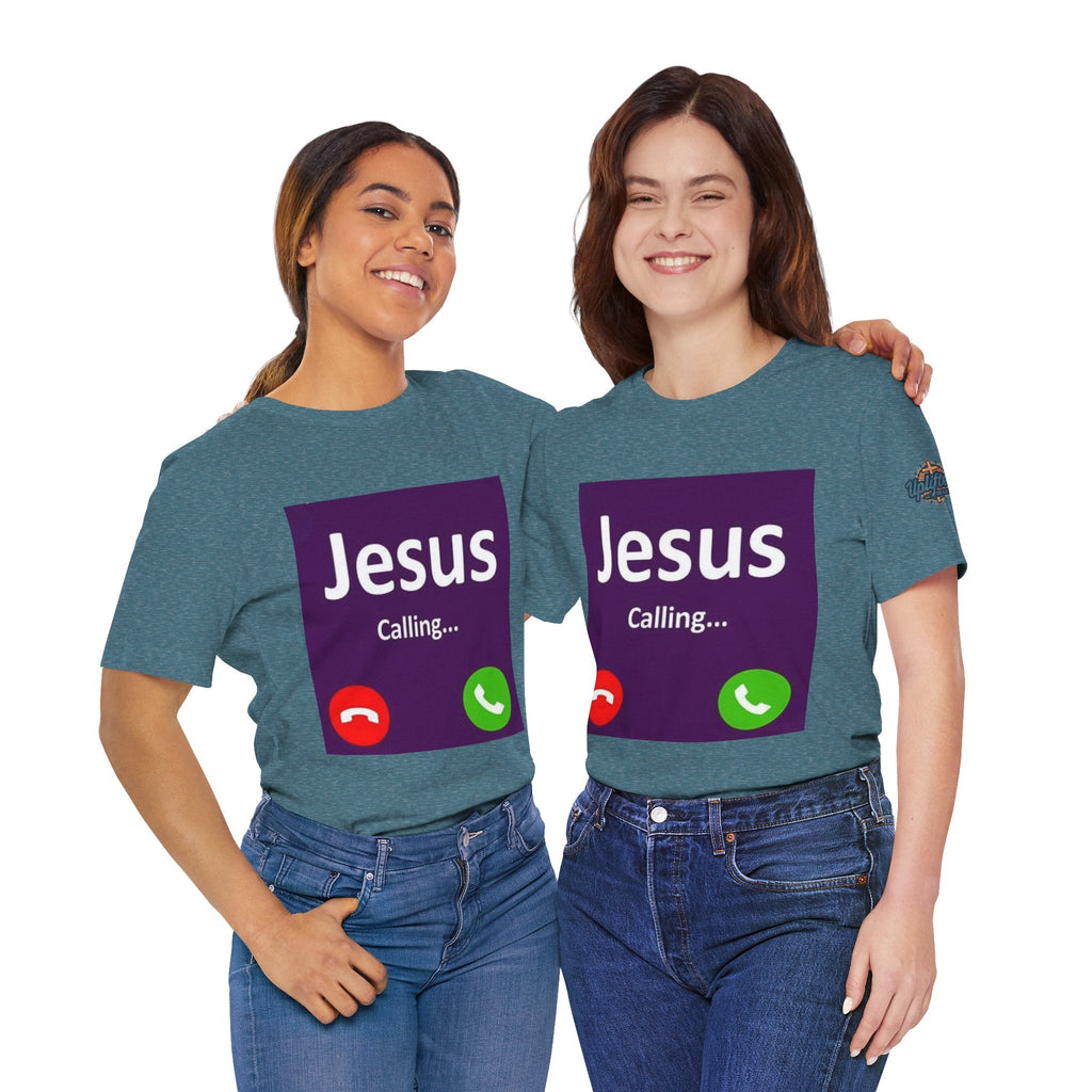 Jesus Calling T-shirt – Funny Cell Phone Screen Christian T-shirt for Divine Connection & Faith Humor Printify