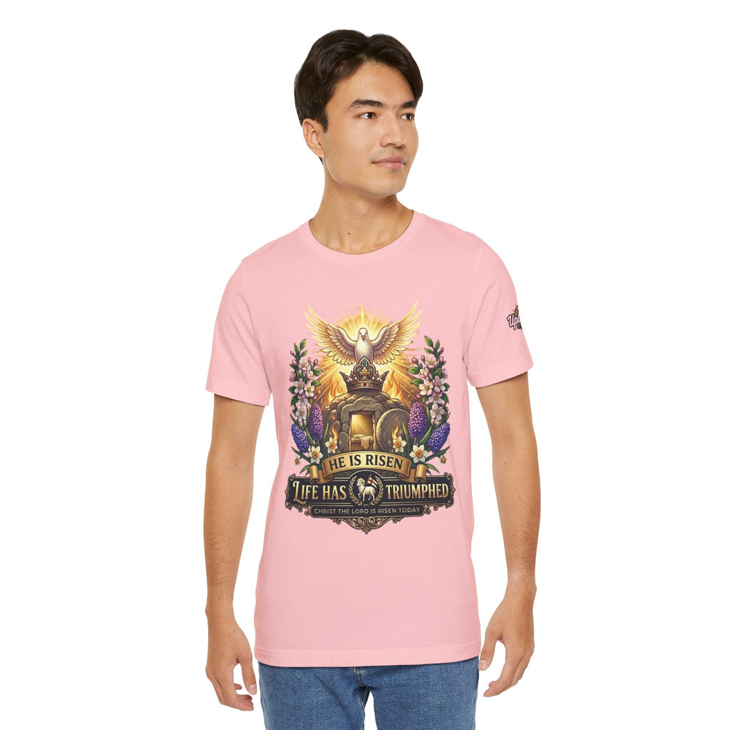 He Is Risen "Life Has Triumphed" T-Shirt — Easter Resurrection Christian Tee Printify