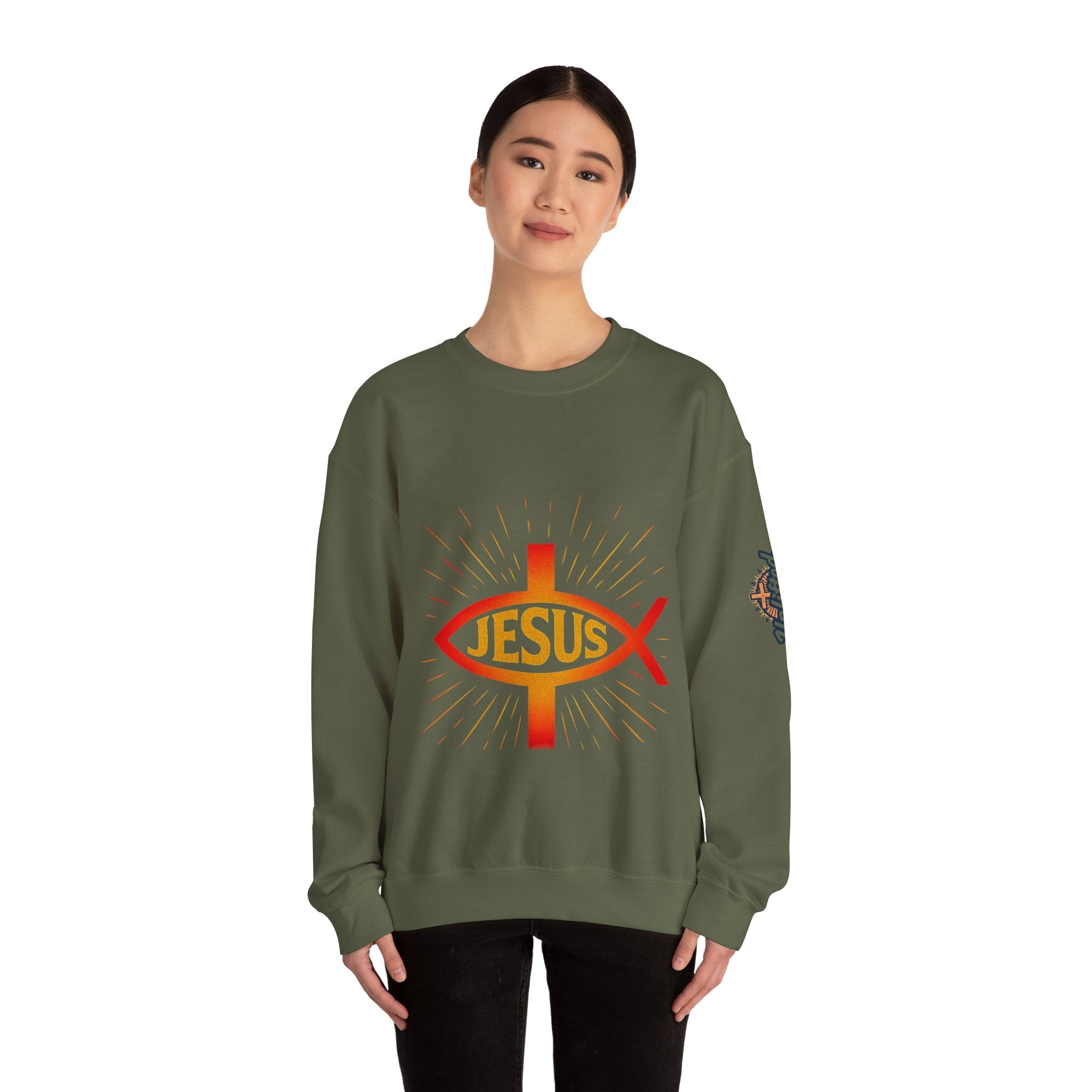 Jesus Ichthys Sweatshirt – Christian Fish Symbol with Cross & Jesus Inscription Sweatshirt for Eternal Faith & Streetwear Printify