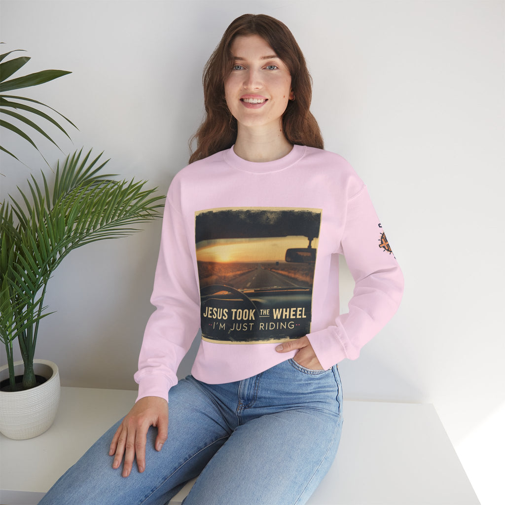 Jesus Took the Wheel I'm Just Riding Sweatshirt – Funny Christian Convertible Car Sweatshirt for Surrendered Faith & Humor