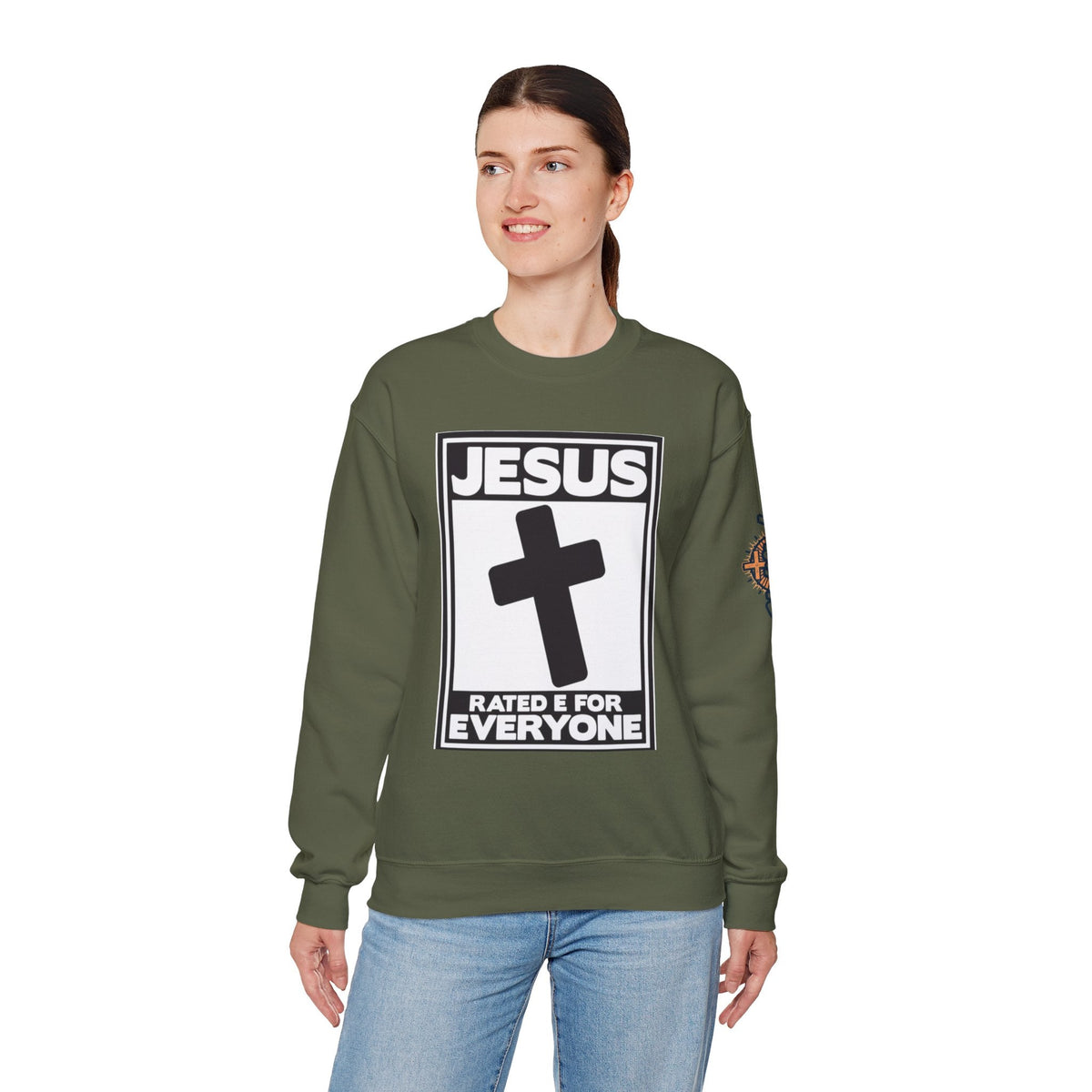Jesus, Rated E for Everyone Sweatshirt - Gamer Faith Sweatshirt - Christian Video Game Parody Printify