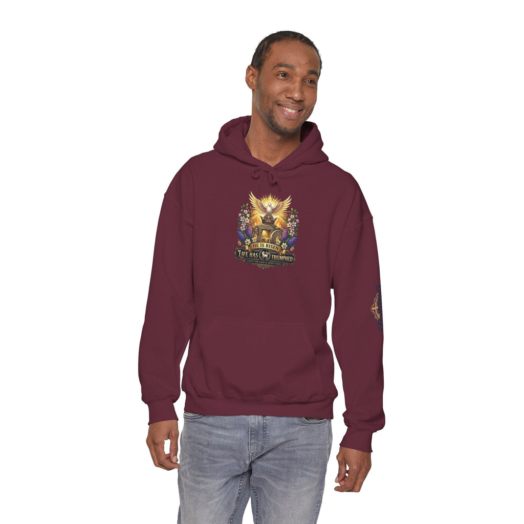 He Is Risen "Life Has Triumphed" Hoodie — Easter Resurrection Christian Hoodie Printify